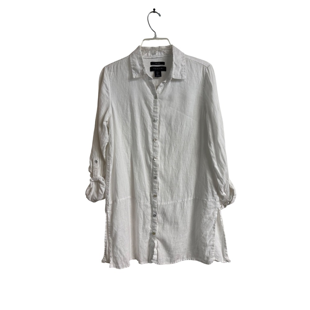 Tahari Womens White 100% Linen Roll Tab Sleeve Button Down Tunic Shirt Small
